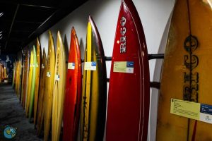 Exposição de pranchas no Museu do Surfe, no AquaRio