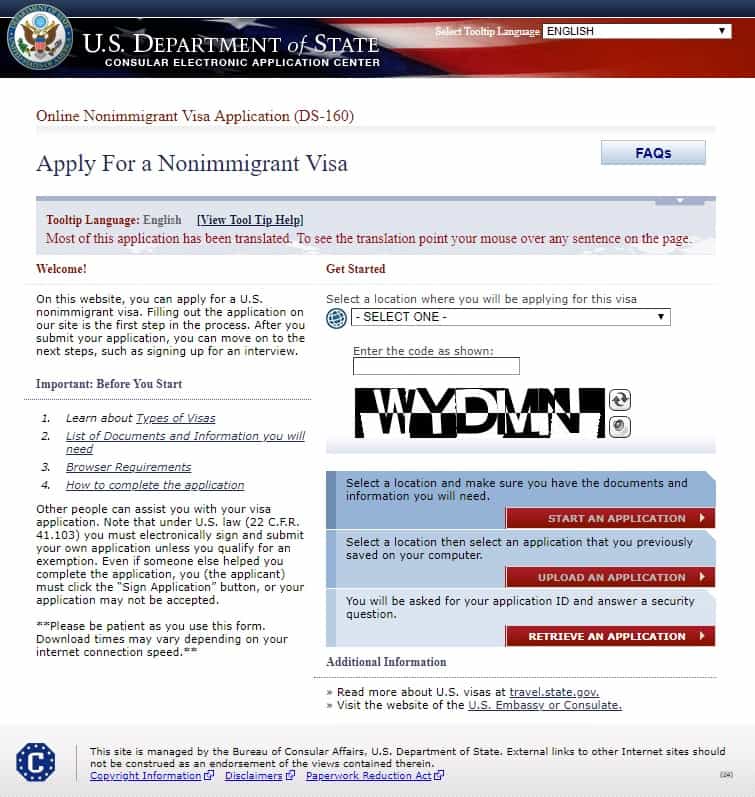 Site do Consulado americano. Página para preencher o formulário. 
