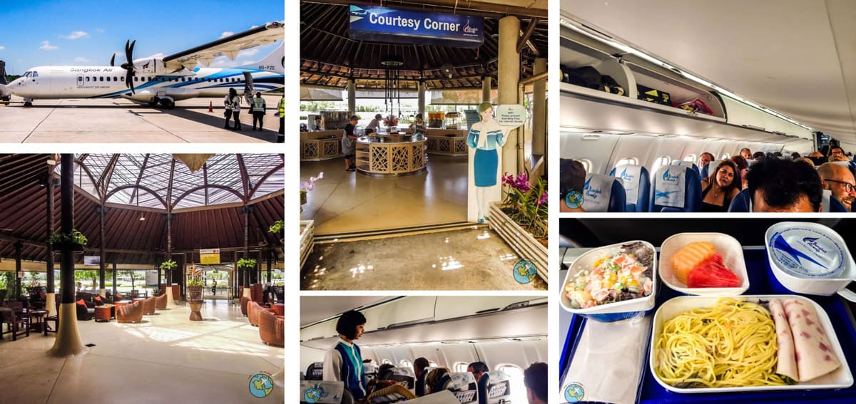 Bangkok Airways - avião; cabine & refeição; área VIP aeroporto Koh Samui