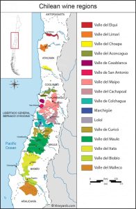 Mapa das regiões de vinícolas do Chile